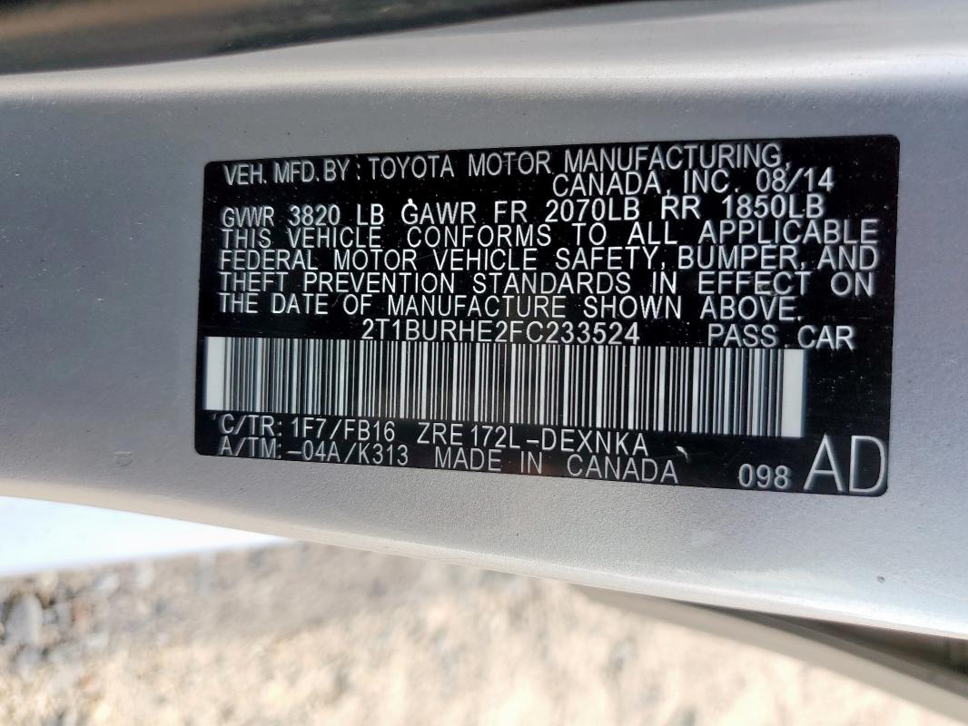 2T1BURHE2FC233524 Toyota COROLLA L