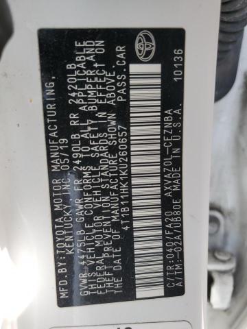 4T1B11HK1KU260657 Toyota CAMRY L
