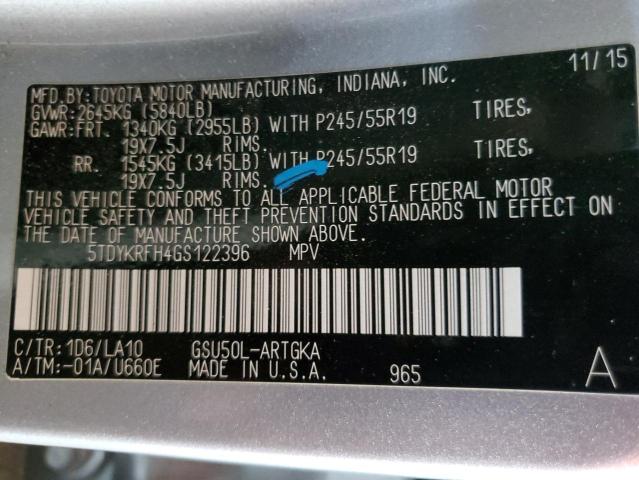 5TDYKRFH4GS122396 Toyota 2gr-fe