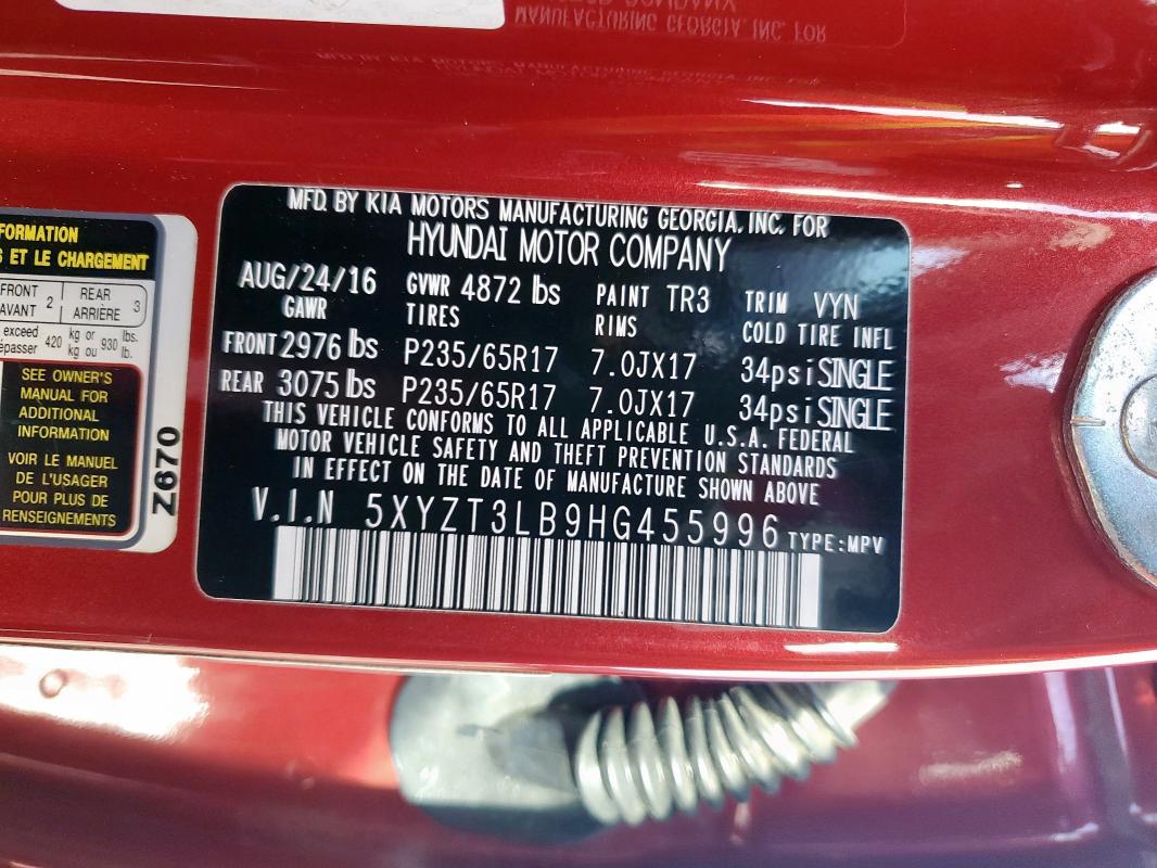 5XYZT3LB9HG455996 Hyundai SANTA FE S
