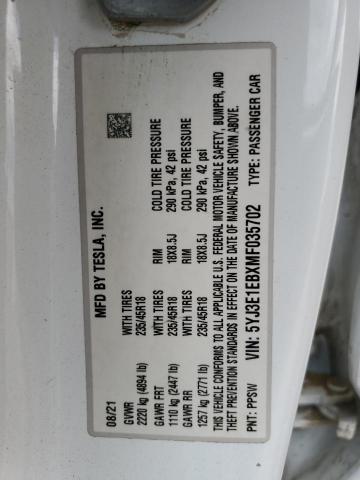 5YJ3E1EBXMF035702 Tesla 2021