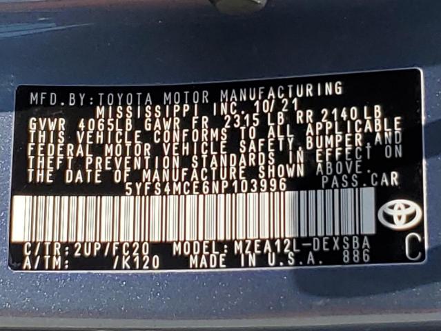 5YFS4MCE6NP103996 Toyota m20a-fks