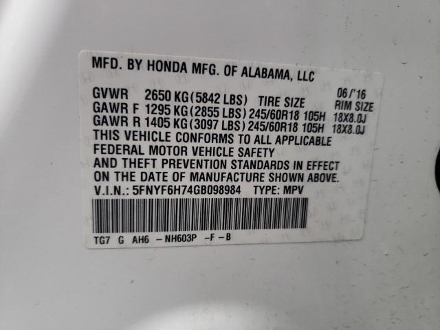 5FNYF6H74GB098984 Honda PILOT EXLN