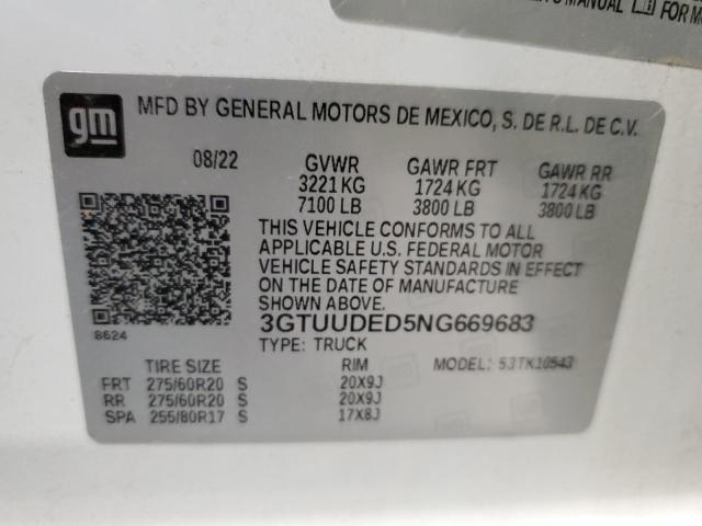 3GTUUDED5NG669683 GMC Sierra K1500 Slt