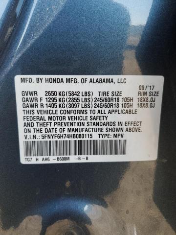 5FNYF6H74HB080115 Honda PILOT EXLN