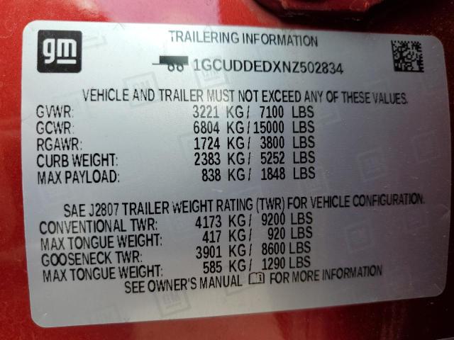 1GCUDDEDXNZ502834 Chevrolet Silverado