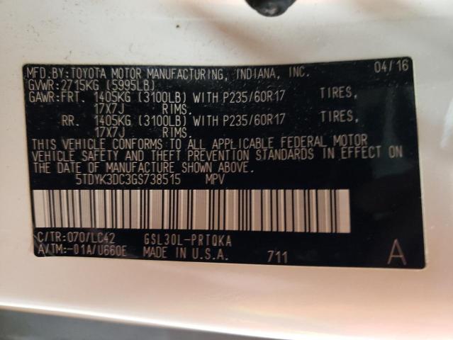 5TDYK3DC3GS738515 Toyota SIENNA XLE