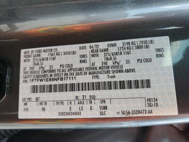 1FTFW1E89NFB17111 Ford F150 SUPER