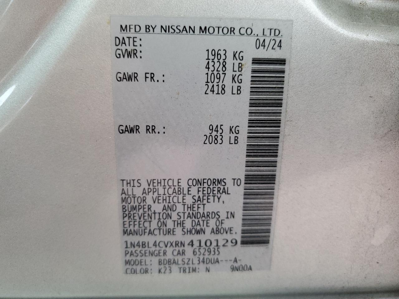 1N4BL4CVXRN410129 Nissan ALTIMA SR