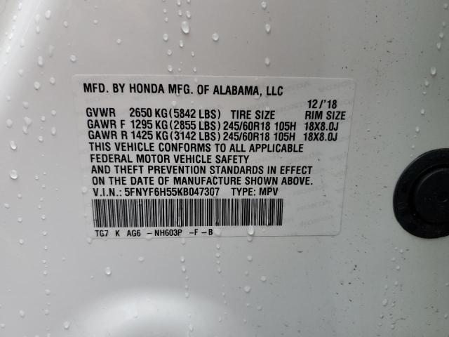 5FNYF6H55KB047307 Honda PILOT EXL