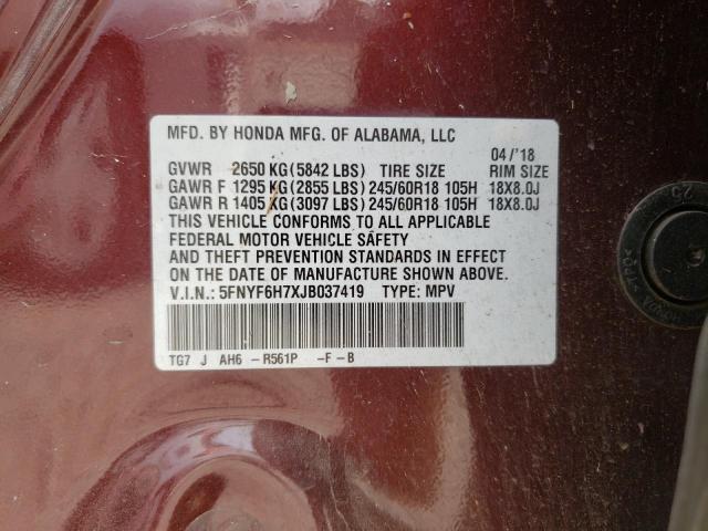 5FNYF6H7XJB037419 Honda PILOT EXLN