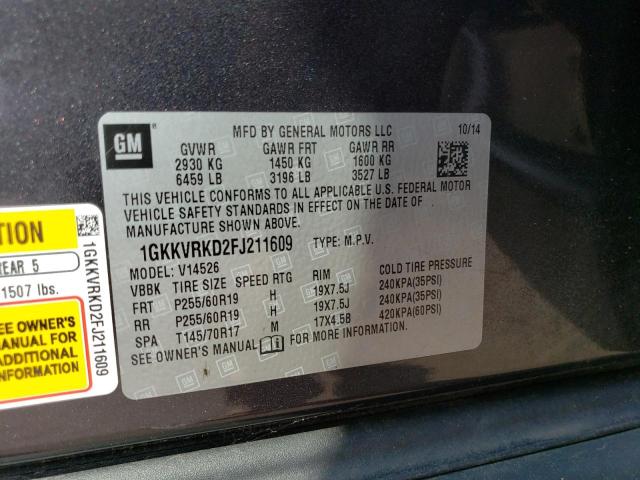 1GKKVRKD2FJ211609 GMC Acadia Slt-1