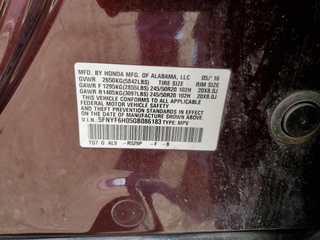 5FNYF6H05GB086183 Honda PILOT ELIT