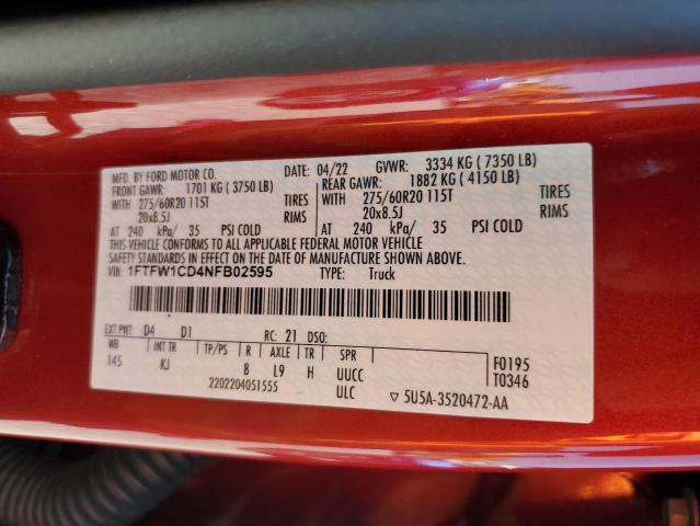 1FTFW1CD4NFB02595 Ford F150 SUPER
