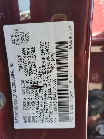 5J6RM3H94GL010680 Honda Cr-v Touring