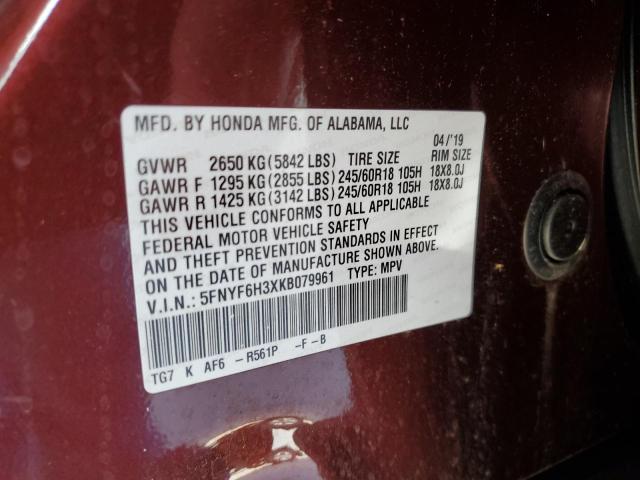 5FNYF6H3XKB079961 Honda Pilot Ex