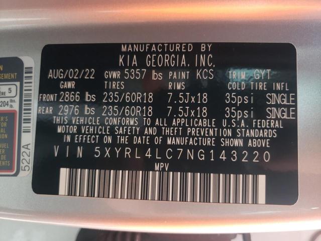 5XYRL4LC7NG143220 KIA SORENTO S