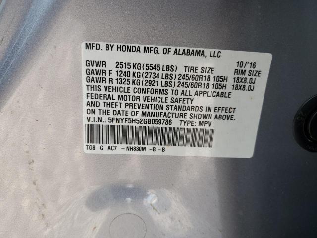 5FNYF5H52GB059786 Honda PILOT EXL