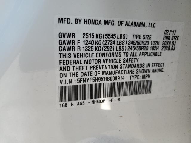 5FNYF5H9XHB008914 Honda Pilot Touring
