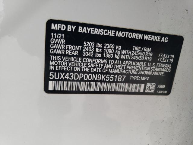 5UX43DP00N9K55187 BMW X3 Sdrive30i