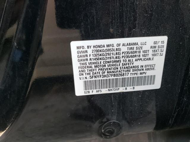 5FNYF3H37FB026817 Honda PILOT SE