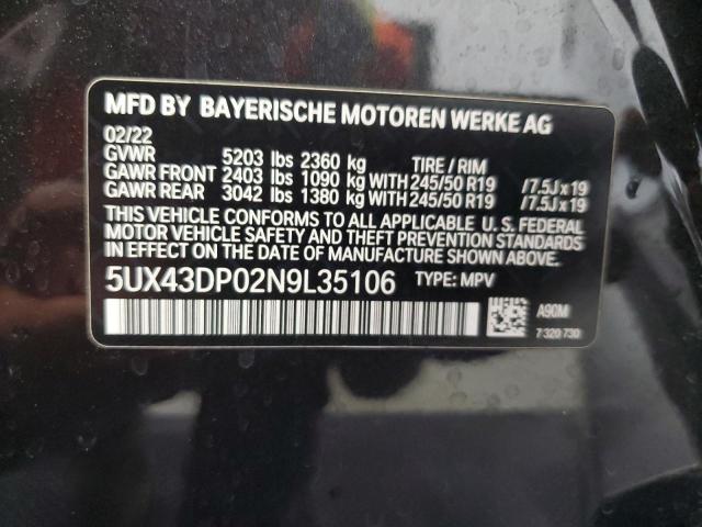 5UX43DP02N9L35106 BMW X3 Sdrive30i