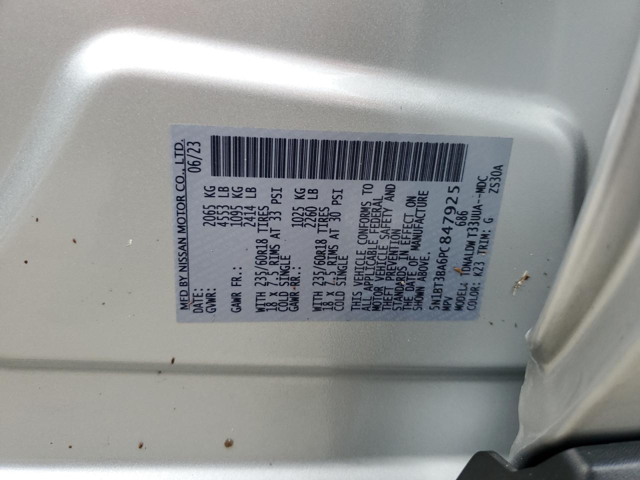 5N1BT3BA6PC847925 Nissan ROGUE SV
