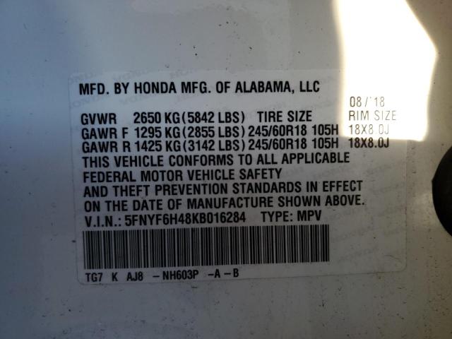 5FNYF6H48KB016284 Honda PILOT EXL