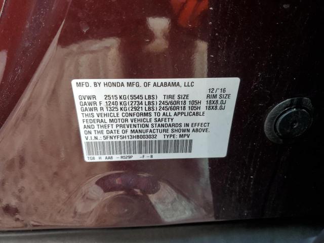 5FNYF5H13HB003032 Honda PILOT LX