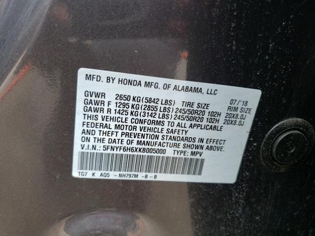 5FNYF6H6XKB005000 Honda Pilot Touring