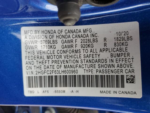 2HGFC2F63LH600960 Honda Civic Lx