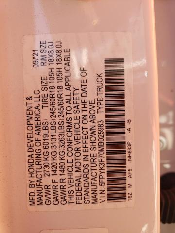 5FPYK3F70MB025983 Honda Ridgeline Rtl