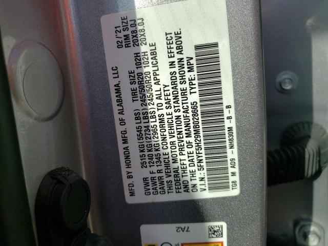 5FNYF5H29MB028665 Honda PILOT SE