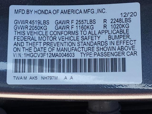 1HGCV3F12MA004603 Honda ACCORD HYBRID