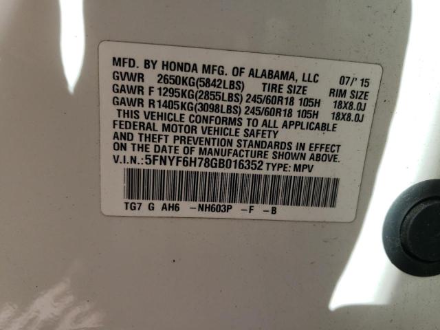 5FNYF6H78GB016352 Honda PILOT EXLN
