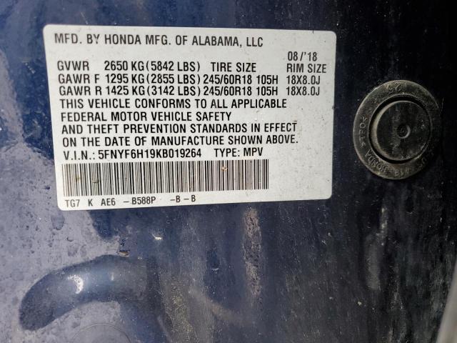 5FNYF6H19KB019264 Honda PILOT LX
