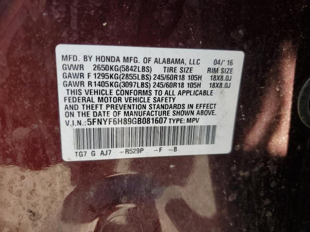5FNYF6H89GB081607 Honda PILOT EXL