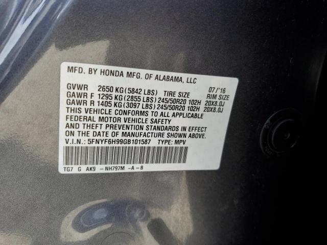 5FNYF6H99GB101587 Honda Pilot Touring
