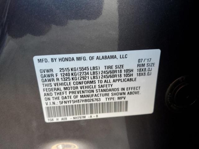 5FNYF5H87HB026763 Honda PILOT EXL