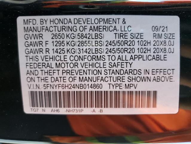 5FNYF6H24NB014860 Honda PILOT SE