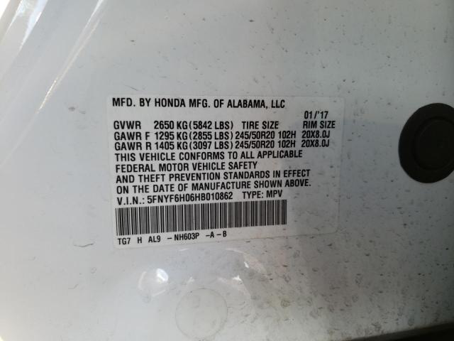 5FNYF6H06HB010862 Honda Pilot Elite