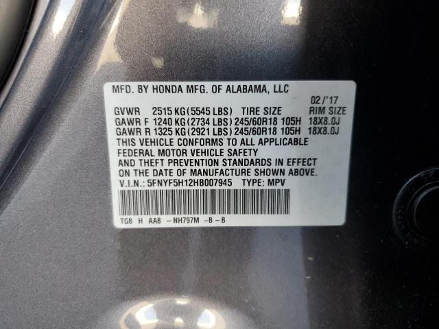 5FNYF5H12HB007945 Honda PILOT LX