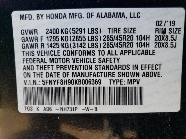 5FNYF8H90KB006369 Honda Passport Touring