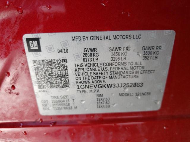 1GNEVGKW3JJ252863 Chevrolet Traverse Lt