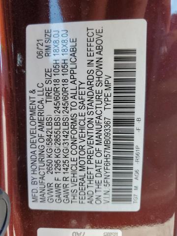 5FNYF6H57MB093367 Honda PILOT EXL