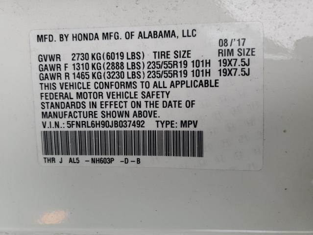 5FNRL6H90JB037492 Honda Odyssey Elite