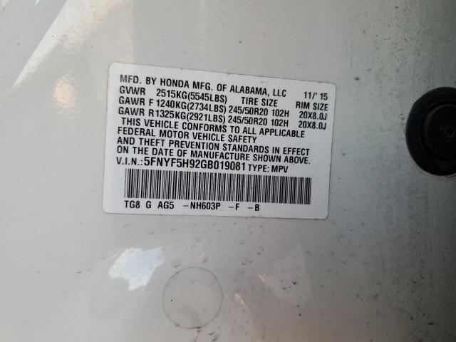 5FNYF5H92GB019081 Honda Pilot Touring
