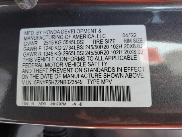 5FNYF5H22NB023549 Honda PILOT SE