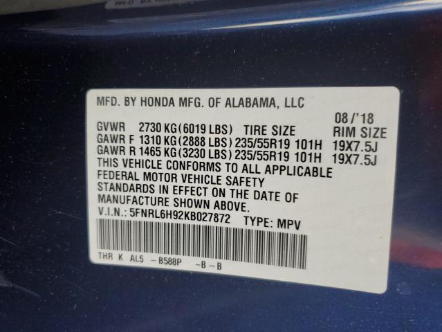 5FNRL6H92KB027872 Honda Odyssey Elite