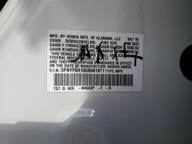 5FNYF6H10GB081871 Honda PILOT LX